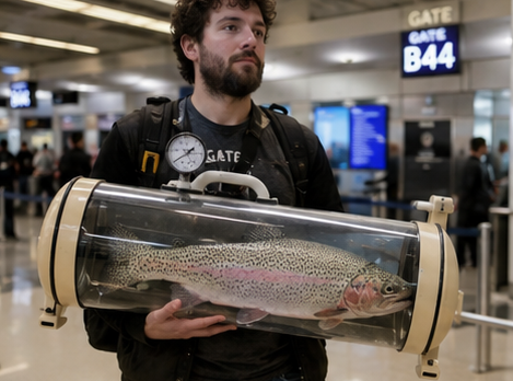 Traveler carrying a rainbow trout in a cylindrical enclosure at gate B44