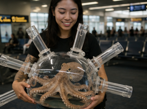 Traveler holding an octopus in a dome enclosure with eight glass arms
