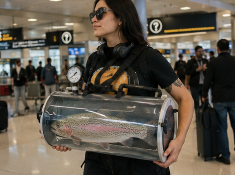 Traveler with headphones holding a trout in a cylindrical enclosure