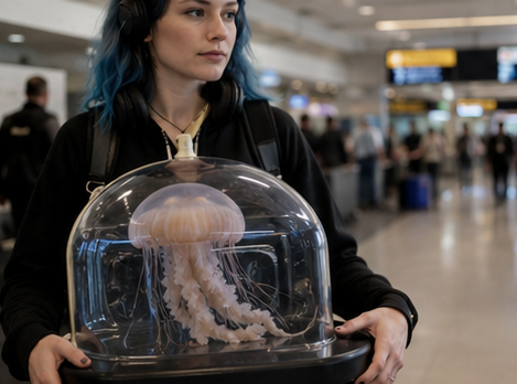 Traveler holding a jellyfish in a bell-dome enclosure